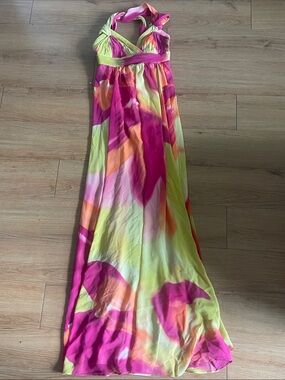 BCBGMaxAzria Pink, Yellow and Orange Tie-Dye Maxi Halter Skirt